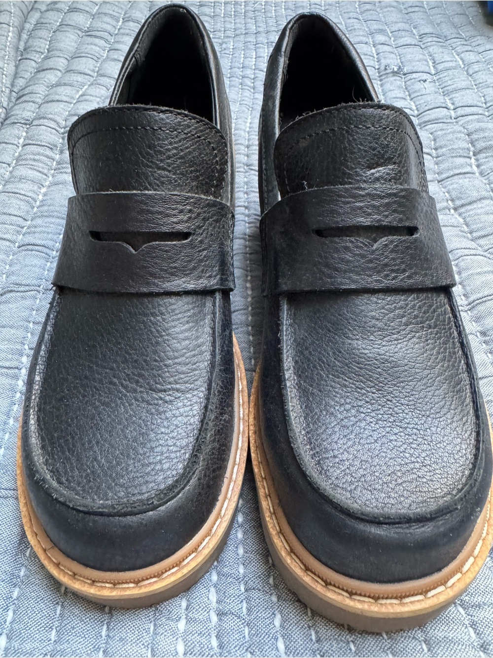 Sorel Black Leather Penny Loafers with Tan Outsole